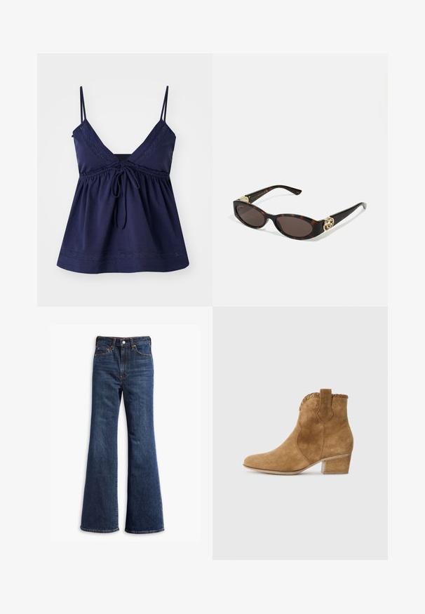 Barna velúr dzseki galléros nyakkal, elöl gombos záródással, kettő oldalsó zsebbel és cropped (rövidített) fazonnal. Simább textúra és formált alak.; Tengerészkék, ujjatlan felső V-kivágással, ráncolt derékkal és állítható megkötővel. Díszítő varrás található a nyakkivágásnál és a szegésnél.; Magas derekú sötétkék farmernadrág, harang alakú lábakkal, elülső gombos és cipzáros zárással, valamint öt zsebes kialakítással.; Barna velúr bokacsizma hegyes orral, textúrált díszítéssel a nyakon és tömbsarkal. Húzófüllel a könnyű felhúzás érdekében.; Tortából készült napszemüveg, hosszúkás ovális lencsékkel, barna színű árnyalattal, arany logóval a fülkagylón, és karcsú fekete szárakkal.; Barna műsuede bevásárlótáska, két erős fogantyúval, strukturált formával és minimalista dizájnnal, finom varrási díszítéssel.