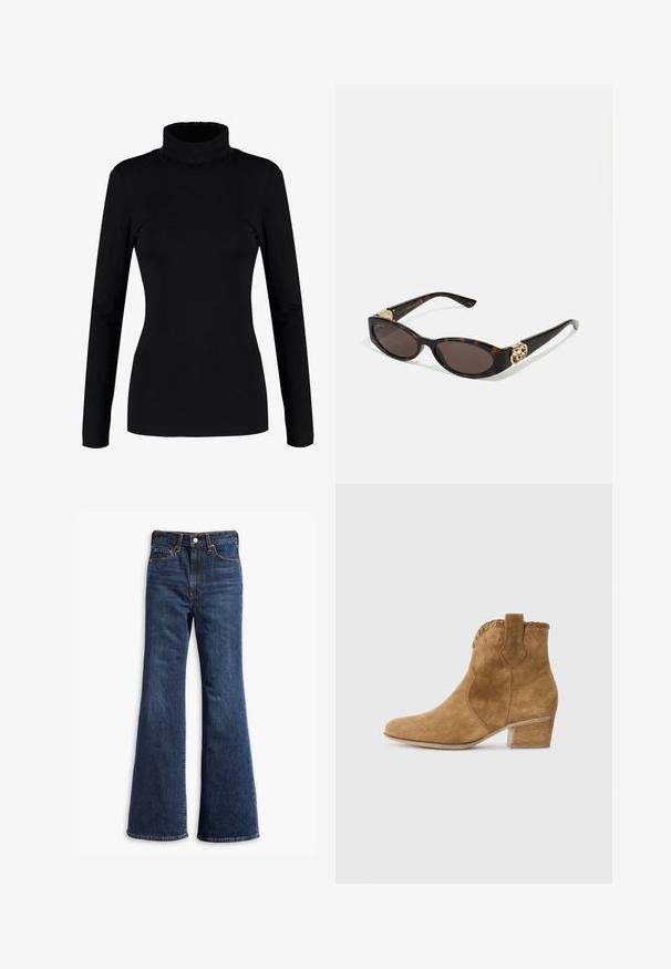 Giacca in suede marrone con collo, chiusura anteriore con bottoni, due tasche laterali e design cropped. Texture liscia e forma strutturata.; Maglione nero a maniche lunghe con collo alto, realizzato in un tessuto morbido e elasticizzato, dalla silhouette aderente. Senza fantasie né decorazioni.; Jeans in denim blu scuro a vita alta con gamba a zampa d'elefante, chiusura frontale con bottone e zip, e design a cinque tasche.; Stivale alla caviglia in suede beige con punta affusolata, bordatura testurizzata al colletto e tacco a blocco. Presenta un linguetta per un indosso facile.; Occhiali da sole tartarugati con lenti ovali allungate, tonalità marrone, accenti dorati con logo sulle tempie e aste nere eleganti.; Borsa a spalla in finta suede marrone con due manici robusti, forma strutturata e design minimalista, caratterizzata da sottili accenti di cucitura.