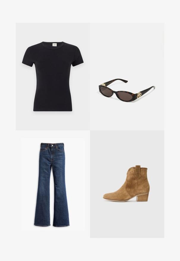 Hnedá semišová bunda s golierom, predným zapínaním na gombíky, dvoma bočnými vreckami a skráteným strihom. Hladká textúra a štruktúrovaný tvar.; Čierne tričko s krátkym rukávom vyrobené z jemnej a elastickej látky, s klasickým okrúhlym výstrihom a priliehavým strihom, vhodné na vrstvenie alebo na bežné nosenie.; Džíny z tmavomodrého denimu s vysokým pásom, rozšírenými nohavicami, predným zapínaním na gombík a zips a dizajnom s piatimi vreckami.; Hnedé semišové členkové topánky s špicatou špičkou, textúrovaným lemom na golieri a blokovým opätkom. Obsahuje aj pútko pre jednoduché obúvanie.; Slnkové okuliare v korytnačkovom dizajne s predĺženými oválnymi šošovkami, hnedým tónovaním, zlatými logovými akcentmi na spánkoch a elegantnými čiernymi ramenami.; Hnedá falošná zamšová taška na rameno s dvoma pevnýmuch rukoväťami, štruktúrovaným tvarom a minimalistickým dizajnom, s jemnými akcentmi prešitia.