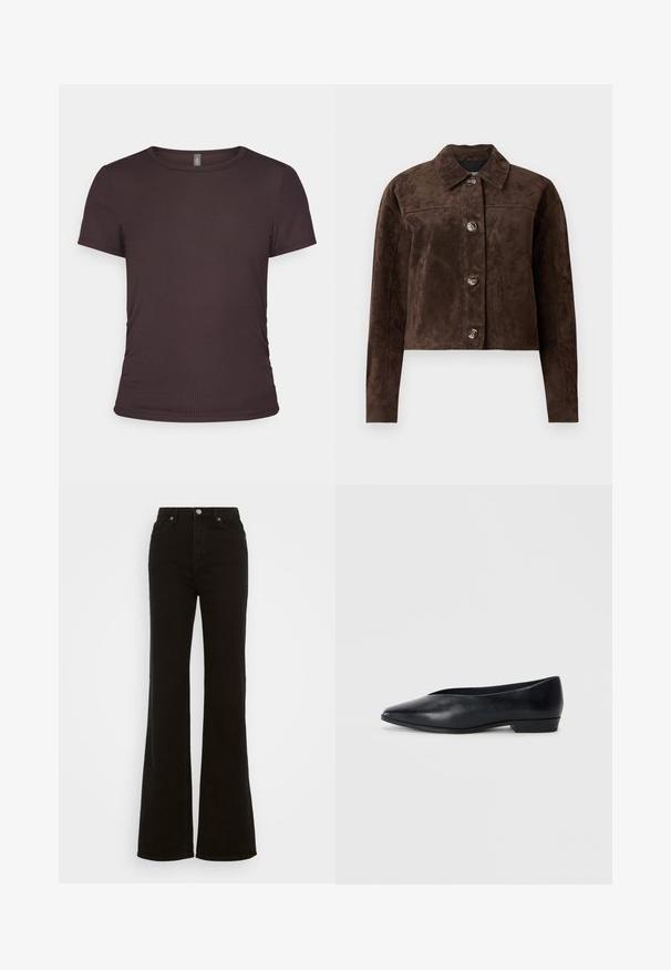 Rudas zomšos švarkas su apykakle, priekiniais mygtukais, dviem šoninėmis kišenėmis ir trumpu fasonu. Lygus paviršius ir išraiškingas siluetas.; Rudo trumpų rankovių marškinėliai, pagaminti iš raukšlėtos medžiagos su apvalia iškirpte ir priglundančia forma, su subtiliais šoninių susiraukšlėjimų akcentais.; Juodos džinsinės kelnės su aukštu liemeniu, platėjančios, turinčios mygtuko užsegimą, šonines kišenes ir lygų paviršių.; Juodas odinis plokščias batelis su smailiu kojų pirštu, šiek tiek pakelta kulna ir lygiu paviršiumi. Paprastas dizainas be matomų detalių ar raštų.