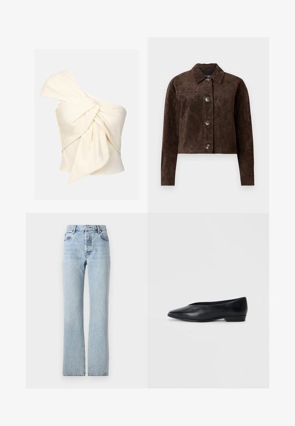 Braune Wildlederjacke mit Kragen, vorderem Knopfverschluss, zwei seitlichen Taschen und cropped Design. Glatte Textur und strukturierte Form.; Cremfarbenes Top mit einem Schulterträger aus glattem Stoff, das an der Vorderseite mit einem großen, verdrehten Knoten-Detail versehen ist und eng anliegt.; Hellblaue Jeans aus Denim mit hoher Taille, geraden Beinen, klassischem Fünf-Taschen-Design und subtilen Ausbleichungen überall.; Schwarze Lederflatschuhe mit spitzer Zehenform, leicht erhöhtem Absatz und glatter Oberfläche. Schlichtes Design ohne sichtbare Hardware oder Muster.