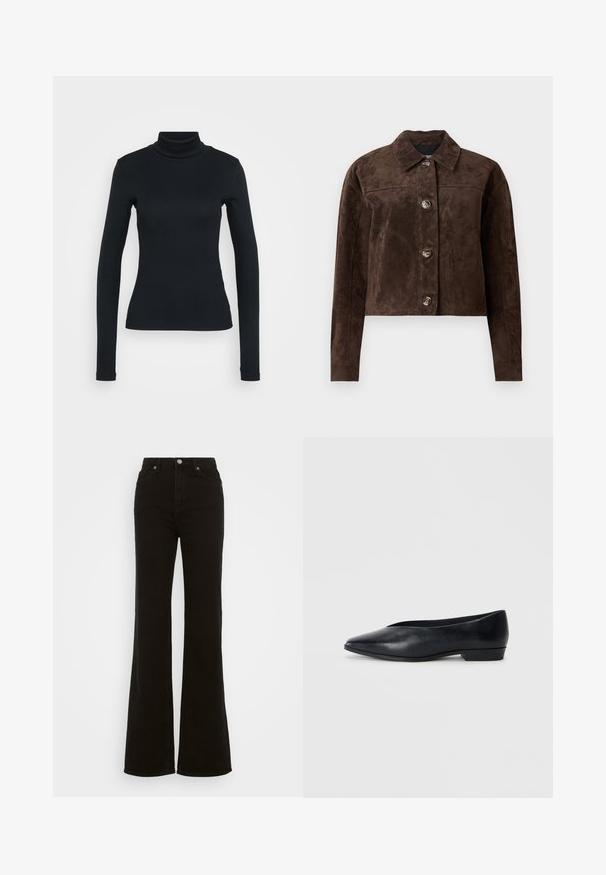 Hnedá semišová bunda s golierom, predným zapínaním na gombíky, dvoma bočnými vreckami a skráteným strihom. Hladká textúra a štruktúrovaný tvar.; Čierny dlhý rukáv rebrovaný rolák s priliehavým strihom na svetlom jednoliatom pozadí.; Čierne riflové nohavice s vysokým pásom a rozšírenými nohavicami, s gombíkovým zapínaním, bočnými vreckami a hladkou textúrou.; Čierne kožené ploché topánky s ostrou špičkou, mierne vyvýšeným podpätkom a hladkým povrchom. Jednoduchý dizajn bez viditeľného hardvéru alebo vzorov.