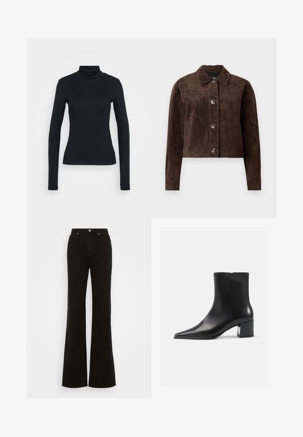 Ruskea mokkaliivi, jossa on kauluskanta, etupainikekiinnitys, kaksi sivutaskua ja lyhyt muotoilu. Sujuva pinta ja jämäkkä muoto.; Musta pitkähihaisen ribbitekstuurin turtleneck-paita, jossa on istuva leikkaus, vaalean yksinkertaisen taustan päällä.; Korkeavyötäröiset mustat leveälahkeiset farkut, jotka on valmistettu denimistä. Farkuissa on nappikiinnitys, sivutaskut ja sileä pinta.; Musta nahkainen nilkkabotti, jossa on terävä kärki, sileä pinta ja keskikokoinen tukijalka. Minimalistinen muotoilu, vetoketjusuljin takana.