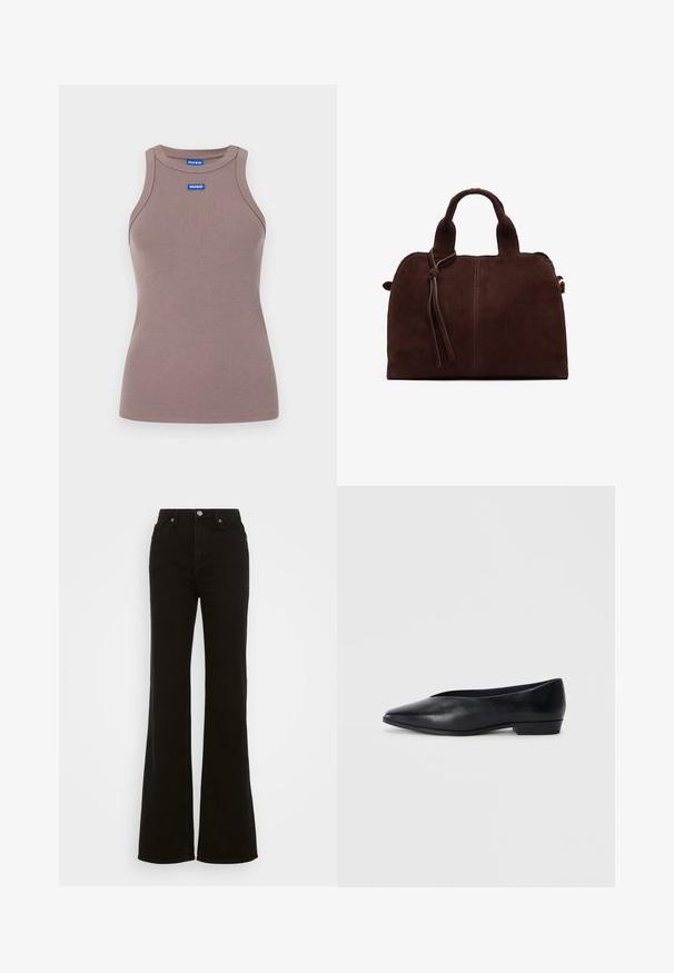 Brun ruskindsjakke med krave, frontknaplukning, to sidelommer og cropped design. Glat tekstur og struktureret form.; Brun ribbet tanktop med rund halsudskæring, ærmeløs design og et lille blåt logo mærke foran. Glat tekstur, tætsiddende pasform.; Høj talje sorte flare jeans lavet af denim, med knaplukning, sidelommer og en glat tekstur.; Sorte læder flade sko med spids tå, let hævet hæl og glat overflade. Simpelt design uden synligt hardware eller mønstre.; Brun ruskinds håndtaske med to top-håndtag, en front knude detalje og kontrasterende syninger. Blød tekstur og struktureret form.