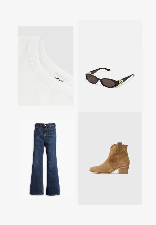 Giacca in suede marrone con collo, chiusura anteriore con bottoni, due tasche laterali e design cropped. Texture liscia e forma strutturata.; T-shirt bianco in cotone con scollo rotondo e dettagli cuciti; etichetta con scritto "REISS." Texture liscia, design semplice.; Jeans in denim blu scuro a vita alta con gamba a zampa d'elefante, chiusura frontale con bottone e zip, e design a cinque tasche.; Stivale alla caviglia in suede beige con punta affusolata, bordatura testurizzata al colletto e tacco a blocco. Presenta un linguetta per un indosso facile.; Occhiali da sole tartarugati con lenti ovali allungate, tonalità marrone, accenti dorati con logo sulle tempie e aste nere eleganti.; Borsa a spalla in finta suede marrone con due manici robusti, forma strutturata e design minimalista, caratterizzata da sottili accenti di cucitura.