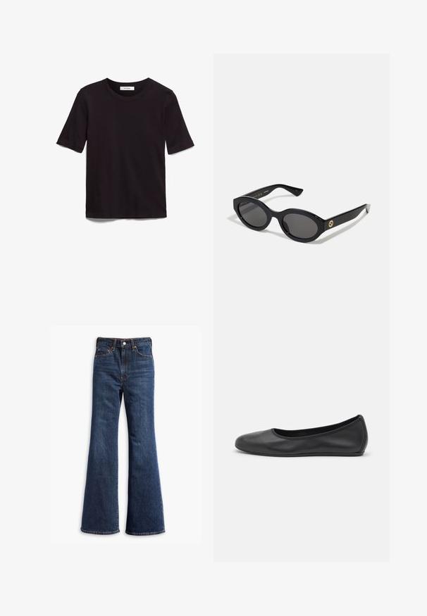 Brūns zamšs mētelis ar apkakli, priekšējo pogu aizdari, divām sānu kabatām un īsu dizainu. Gluda tekstūra un strukturēta forma.; Melnas īsām piedurknēm T-krekls no mīkstas kokvilnas, ar apaļu izgriezumu un gludu, vienmērīgu tekstūru ar minimālu dizainu.; Augstas jostas tumši zili džinsi ar zvīņveida kājām, priekšējo pogu un rāvējslēdzēju, kā arī piecu kabatu dizainu.; Melna ādas baleta kurpe ar noapaļotu purngalu, gludu tekstūru, minimālu šuvju detalizāciju un elastīgu zoles dizainu.; Melnas ovālās saulesbrilles ar tumšiem stikliem un spīdīgu plastmasas rāmi. Iezīmētas ar zelta logo uz tempļa, nodrošinot elegantu un modernu dizainu.; Melna soma, kas izgatavota no strukturētas ādas ar noapaļotu formu. Tajā ir plāna plecu siksna un dekoratīvi reljefi raksti.