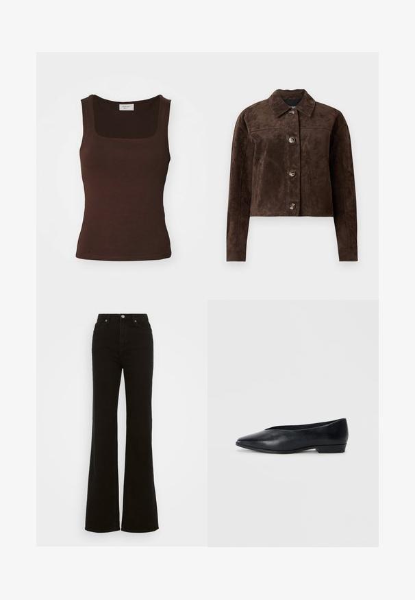 Smešani smeđi suknjeni kaput s ovratnikom, prednjim gumbima, dva bočna džepa i skraćenim dizajnom. Glatka tekstura i strukturirani oblik.; Gina Tricot SQUARE TANK - Top - dark brown; Visoke crne široke traperice od denima, sa zakopčavanjem na dugme, bočnim džepovima i glatkom teksturom.; Crne kožne ravne cipele s šiljastim vrhom, lagano podignutom petom i glatkom površinom. Jednostavan dizajn bez vidljivih tvrdih dijelova ili uzoraka.