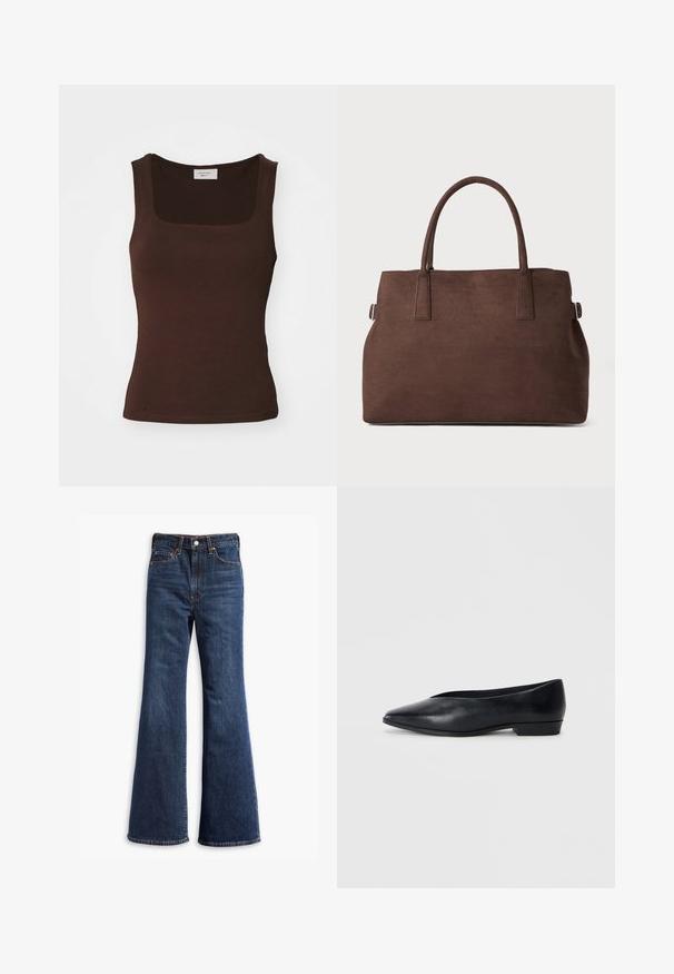 Brown suede jacket with a collared neck, front button closure, two side pockets, and a cropped design. Smooth texture and structured shape.; Gina Tricot SQUARE TANK - Top - dark brown; High-waisted dark blue denim jeans with flared legs, front button and zipper closure, and five-pocket design.; Black leather flat shoe with a pointed toe, slightly raised heel, and smooth surface. Simple design with no visible hardware or patterns.; Brown faux suede tote bag with two sturdy handles, a structured shape, and minimalistic design, featuring subtle stitching accents.