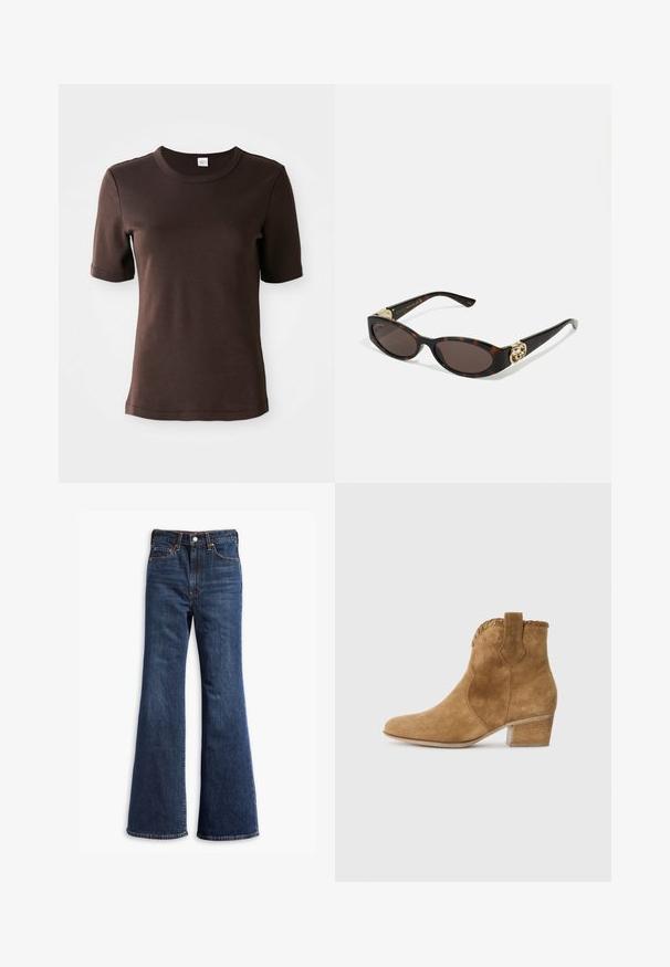 Brun semsket skinnjakke med krage, frontlukking med knapper, to sidelommer og kort design. Glatt tekstur og strukturert form.; Brun kortermet crew neck tettsittende t-skjorte med synlig søm på ermene og kanten, vist mot en ensfarget hvit bakgrunn.; Høytlivete mørkeblå denimjeans med utvidede ben, frontlås med knapp og glidelås, og fem-lommers design.; Tan semskede ankelstøvler med spiss tå, teksturert kant ved kragen og blokkhæl. Har en pull-tab for enkel påkledning.; Skilpadde-solbriller med avlange ovale linser, brun tint, gull-logo aksenter på stengene og elegante svarte armer.; Brun faux suede tote bag med to robuste håndtak, en strukturert form og minimalistisk design, med subtile søm detaljer.