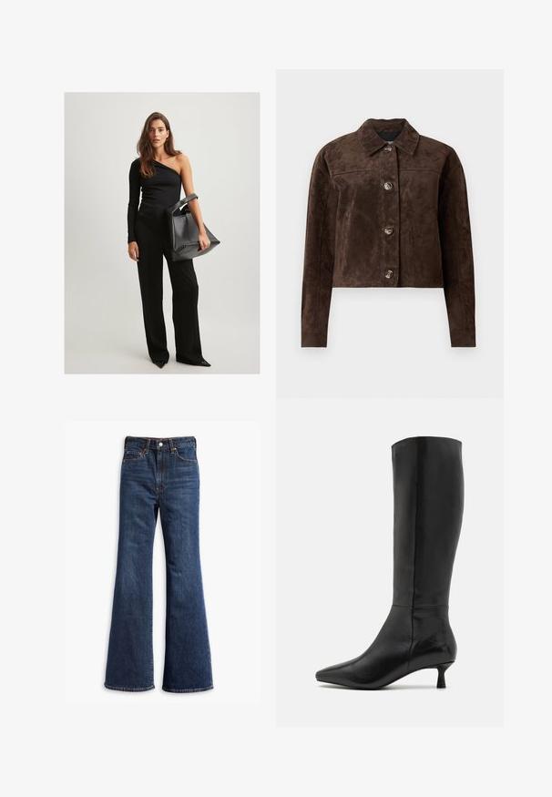 Brun mockaskinnjacka med krage, knappstängning framtill, två sidofickor och kort design. Slät textur och strukturerad form.; NA-KD Långärmad tröja - black; Höga mörkblå denimjeans med utställda ben, frontknapp och dragkedjestängning samt femficksdesign.; Zign Stövel - black