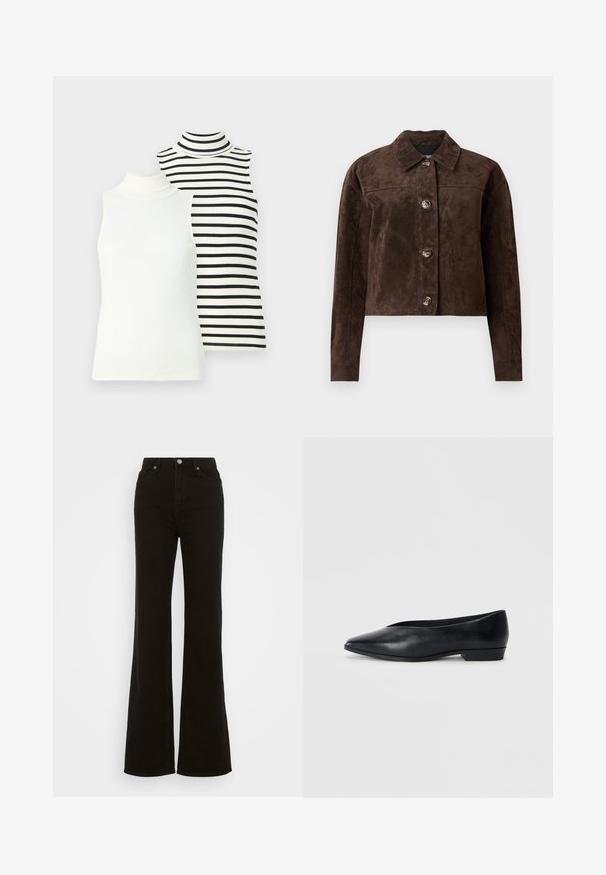 Hnedá semišová bunda s golierom, predným zapínaním na gombíky, dvoma bočnými vreckami a skráteným strihom. Hladká textúra a štruktúrovaný tvar.; Dve bezrukávové roláky: jedna jednofarebná biela, druhá biela s čiernymi horizontálnymi pruhmi. Obe sú rebrované a priliehavé.; Čierne riflové nohavice s vysokým pásom a rozšírenými nohavicami, s gombíkovým zapínaním, bočnými vreckami a hladkou textúrou.; Čierne kožené ploché topánky s ostrou špičkou, mierne vyvýšeným podpätkom a hladkým povrchom. Jednoduchý dizajn bez viditeľného hardvéru alebo vzorov.