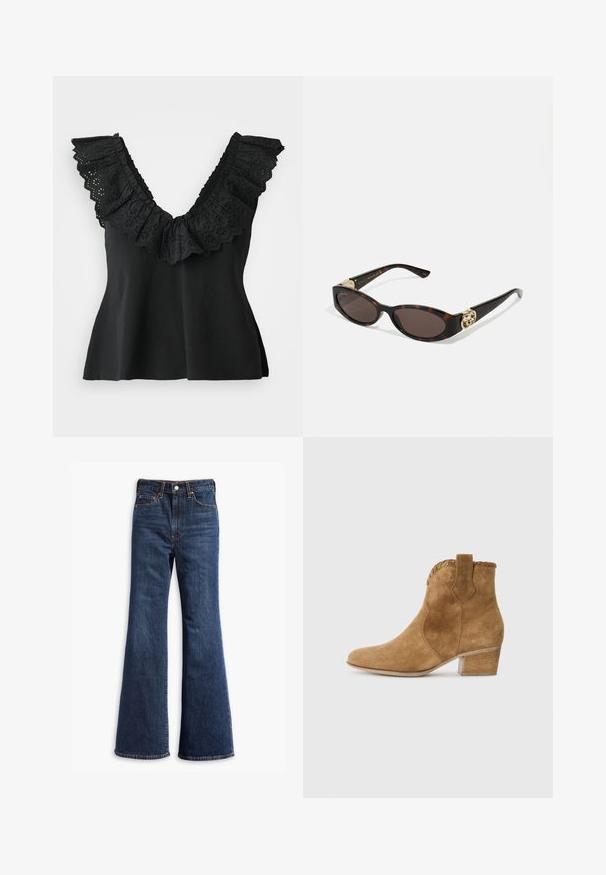 Chaqueta de ante marrón con cuello tipo solapa, cierre frontal de botones, dos bolsillos laterales y un diseño corto. Textura suave y forma estructurada.; Top sin mangas negro con un escote en V profundo y un amplio ribete rizado que presenta detalles florales recortados. Textura suave; ajuste relajado con un ligero flare.; Jeans de mezclilla de tiro alto en azul oscuro, con piernas acampanadas, cierre delantero de botón y cremallera, y diseño de cinco bolsillos.; Botín de ante en color beige con punta afilada, ribete texturizado en el cuello y tacón cuadrado. Presenta una tira en la parte trasera para facilitar su puesta.; Gafas de sol carey con lentes ovalados alargados, tintado marrón, acentos de logo dorado en las patillas y brazos negros elegantes.; Bolsa tote de imitación ante marrón con dos asas resistentes, forma estructurada y diseño minimalista, con sutiles detalles de costura.
