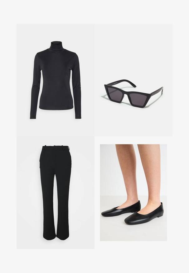 Brahno usnjeni jakni s ovratnikom, sprednjo zaporo na gumbe, dvema stranskima žepoma in skrajšano zasnovo. Gladka tekstura in strukturirana oblika.; Črn pulover s turtleneck ovratnikom in dolgimi rokavi, narejen iz gladkega in raztegljivega materiala. Ima oprijet kroj in visok ovratnik. Minimalističen slog, brez vidnih vzorcev.; Črne, krojene hlače z gladkim zaključkom, ravnim krojem in pasom. Imajo subtilne šive in brez žepov.; Črne baletne čevlje iz gladke usnje z zaokroženim prstom in nizkim, ravnim podplatom, ki imajo obliko za enostavno obuvanje in brez vidnih zaključkov.; Črne, angularne sončne očala z sivimi lečami; izdelana iz plastike, imajo debele ročke z gladko površino in brez vidne opreme.