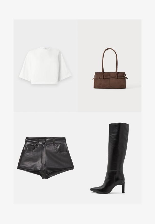 Braune Wildlederjacke mit Kragen, vorderem Knopfverschluss, zwei seitlichen Taschen und cropped Design. Glatte Textur und strukturierte Form.; Weißes, kürzer geschnittenes T-Shirt mit lockerer Passform, kurzen, weit geschnittenen Ärmeln, rundem Ausschnitt und seitlichen Schlitzen, aus weichem Baumwollmaterial.; Schwarze Kurzshorts aus Kunstleder mit hoher Taille, zwei vorderen Taschen, sichtbaren Nähten und einer glatten Textur.; Knöchelhohe schwarze Leder-Stiletto-Stiefel mit spitzer Zehe und glatter Oberfläche. Der Blockabsatz sorgt für Stabilität im Design.; Braune Wildleder-Handtasche mit zwei stabilen Griffen, rechteckiger Form und dekorativem Riemen-Detail an der Vorderseite.