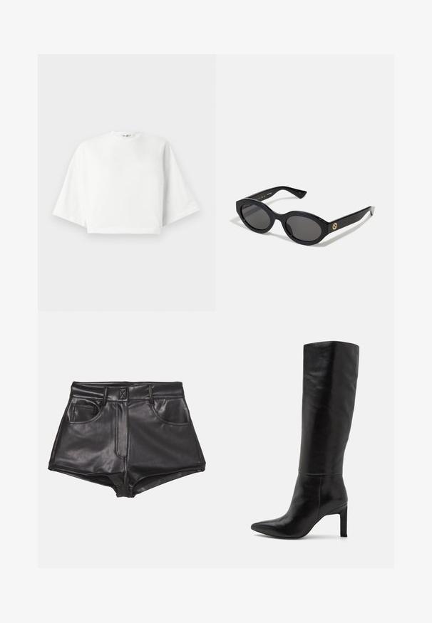 Bruine suède jas met een kraag, knoopsluiting aan de voorkant, twee zijzakken en een cropped ontwerp. Glad materiaal en gestructureerde vorm.; Witte, cropped t-shirt met een relaxte pasvorm, korte brede mouwen, ronde halslijn en zijsplitten, gemaakt van zacht katoen.; Zwarte faux leren shorts met een hoge taille, voorzien van twee voorzakken, zichtbare stiksels en een gladde textuur.; Knee-high zwarte leren stiletto laarzen met een spitse neus en een gladde textuur. De hak is blokstijl, wat stabiliteit aan het ontwerp toevoegt.; Zwarte ovale zonnebril met donkere glazen en een glanzend kunststof frame. Heeft een gouden logo op de poot, dat een strakke en moderne uitstraling biedt.