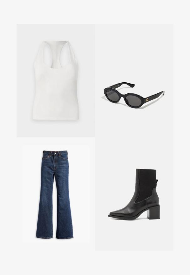 Veste en daim marron avec un col, fermeture à boutons sur le devant, deux poches latérales et un design court. Texture lisse et forme structurée.; Haut sans manches blanc en tissu doux, avec un décolleté arrondi et un design dos nageur, texture lisse et sans motifs visibles.; Jeans en denim bleu foncé taille haute avec jambes évasées, fermeture à boutons et zip à l'avant, et conception à cinq poches.; Bottine noire avec un embout pointu, fabriquée en cuir lisse et en tissu élastique. Dotée d'un talon bloc et d'un design minimaliste.; Lunettes de soleil ovales noires avec des verres sombres et une monture en plastique brillant. Présente un logo doré sur la branche, offrant un design épuré et moderne.
