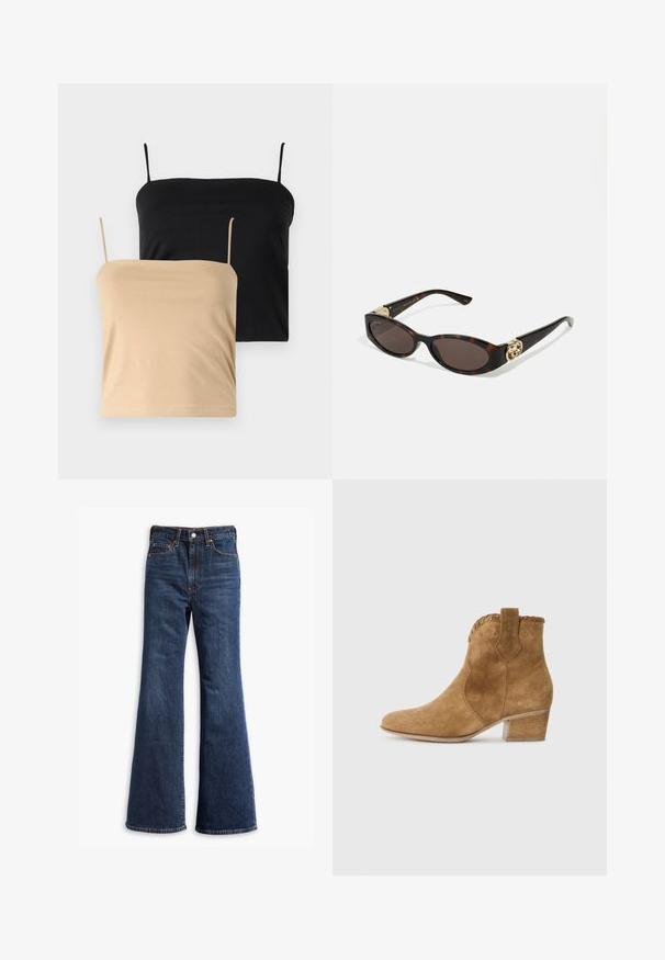 Brūns zamšs mētelis ar apkakli, priekšējo pogu aizdari, divām sānu kabatām un īsu dizainu. Gluda tekstūra un strukturēta forma.; Divas kamzoles, viena melnā un otra bēšā krāsā. Izgatavotas no mīksta, elastīga materiāla ar plāniem spageti tipa siksniņām un pieguļošu formu.; Augstas jostas tumši zili džinsi ar zvīņveida kājām, priekšējo pogu un rāvējslēdzēju, kā arī piecu kabatu dizainu.; Pūka brūna zamšādas potīšu zābaki ar smailo purngalu, teksturētu apdari apkaklītes daļā un bloku papēdi. Satur cilpu, kas atvieglo uzvilkšanu.; Tīģerbrūnā sauļošanās brillēm ar izstieptām ovālām lēcām, brūnu tonējumu, zeltītiem logotipa akcentiem uz tempļiem un plānām melnām kājām.; Rūdas mākslīgā zamšādas plecu soma ar diviem izturīgiem rokturiem, strukturētu formu un minimālistisku dizainu, ar diskretām šuvju akcentiem.