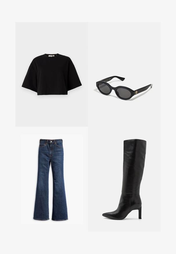 Pruun suède jakk, millel on kaelus, esine nööbid, kaks küljetaskut ja lühendatud disain. Sile tekstuur ja struktureeritud kuju.; Must musta lühike T-särk, mis on valmistatud puuvillast, ümmarguse kaelusega ja lühikeste, laia lõikega varrukatega, mis tagavad vabalt voolava istuvuse. Sile tekstuur, lihtne disain.; Kõrgelt talje sinised teksapüksid, flöödid säärtedega, ees nupuga ja tõmbluku sulgemine ning viie-tasku disain.; Sääre pikkused mustad nahast stilettokontsaga saapad terava ninaga ja siledat tekstuuri. Kontsad on plokkstiilis, mis lisab kujundusele stabiilsust.; Mustad mustad prillid tumedate läätsedega ja läikiva plastraamiga. Omab kuldset logo põlveosal, pakkudes stiilset ja kaasaegset disaini.