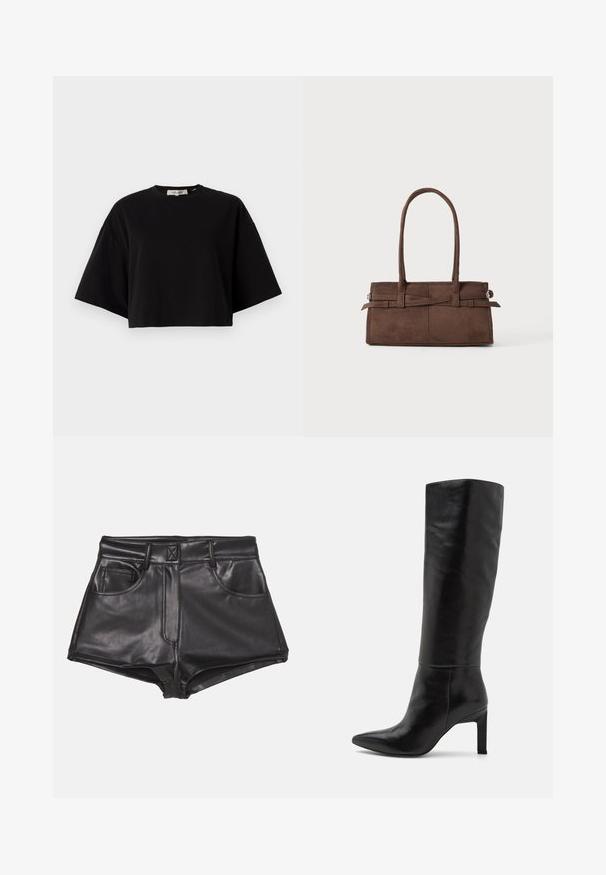 Rudas zomšos švarkas su apykakle, priekiniais mygtukais, dviem šoninėmis kišenėmis ir trumpu fasonu. Lygus paviršius ir išraiškingas siluetas.; Juoda trumpa medvilninė marškinėlių tipo palaidinė, su apvaliu kaklu ir trumpomis, plačiomis rankovėmis, suteikiančiomis laisvą prigludimą. Sklandi tekstūra, paprastas dizainas.; Juodos dirbtinės odos šortai su aukštu liemeniu, turintys dvi priekines kišenes, matomus siūlus ir lygią tekstūrą.; Juosmens aukščio juodi odiniai stiletai su smailiu kojų formavimu ir lygiu paviršiumi. Pakulnė yra blokinio tipo, suteikianti stabilumo dizainui.; Rudas zomšinės rankinės su dviem tvirtomis rankenomis, stačiakampio formos ir dekoratyvine juosta per priekinę dalį.