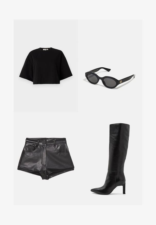 Brun ruskindsjakke med krave, frontknaplukning, to sidelommer og cropped design. Glat tekstur og struktureret form.; Sort cropped t-shirt lavet af bomuld, med rund halsudskæring og korte, brede ærmer for en løs pasform. Glat tekstur, enkelt design.; Sorte faux læder shorts med høj talje, der har to frontlommer, synlige sømme og en glat overflade.; Knæhøje sorte læder stiletto-støvler med spids tå og glat tekstur. Hælen er i blokstil, hvilket tilføjer stabilitet til designet.; Sorte ovale solbriller med mørke linser og blank plastramme. Har et guldlogo på stykket, hvilket giver et slankt og moderne design.