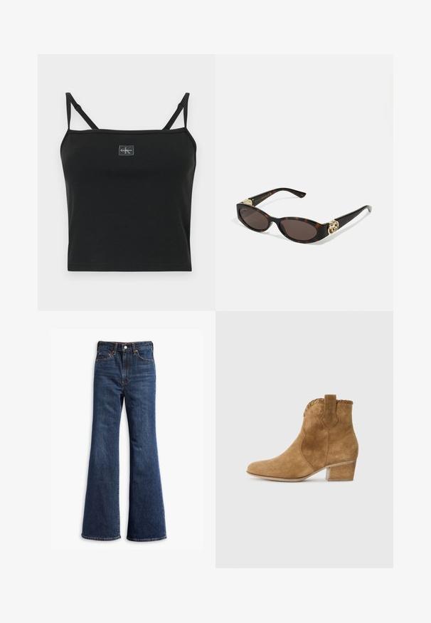 Pruun suède jakk, millel on kaelus, esine nööbid, kaks küljetaskut ja lühendatud disain. Sile tekstuur ja struktureeritud kuju.; Mustard ribade crop top õhukeste rihmade ja ruudukujulise kaelusega. Esiküljel on väike logo. Puuvillasegu materjal, järgib keha kuju.; Kõrgelt talje sinised teksapüksid, flöödid säärtedega, ees nupuga ja tõmbluku sulgemine ning viie-tasku disain.; Karmiinhalli nahast pahklu saapad terava varbaga, tekstuuritud äärega kaeluses ja ploki kontsaga. Omab tõmbluku silmust mugavaks jalga panemiseks.; Kilpkonnakilbi stiilis prillid piklik-ovaalsete läätsede, pruunika tooniga, kuldsete logo aktsentidega templitel ja elegantsed mustad varred.; Pruun faux nahast kott kahe tugeva käepidemega, struktureeritud kuju ja minimalistik disain, millel on peened õmblusdetailid.