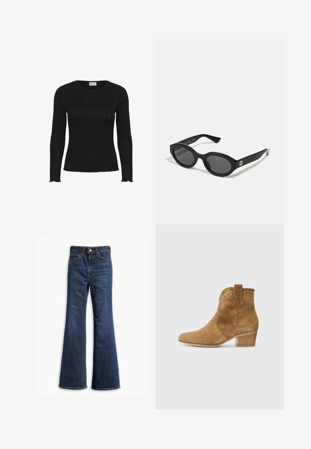 Chaqueta de ante marrón con cuello tipo solapa, cierre frontal de botones, dos bolsillos laterales y un diseño corto. Textura suave y forma estructurada.; Top negro de manga larga con textura acanalada, con cuello redondo y bordes de dobladillo con forma de pico, hecho de un material elástico para un uso ajustado.; Jeans de mezclilla de tiro alto en azul oscuro, con piernas acampanadas, cierre delantero de botón y cremallera, y diseño de cinco bolsillos.; Botín de ante en color beige con punta afilada, ribete texturizado en el cuello y tacón cuadrado. Presenta una tira en la parte trasera para facilitar su puesta.; Gafas de sol negras en forma ovalada con lentes oscuros y montura de plástico brillante. Presenta un logo dorado en la patilla, ofreciendo un diseño elegante y moderno.; Bolsa tote de imitación ante marrón con dos asas resistentes, forma estructurada y diseño minimalista, con sutiles detalles de costura.
