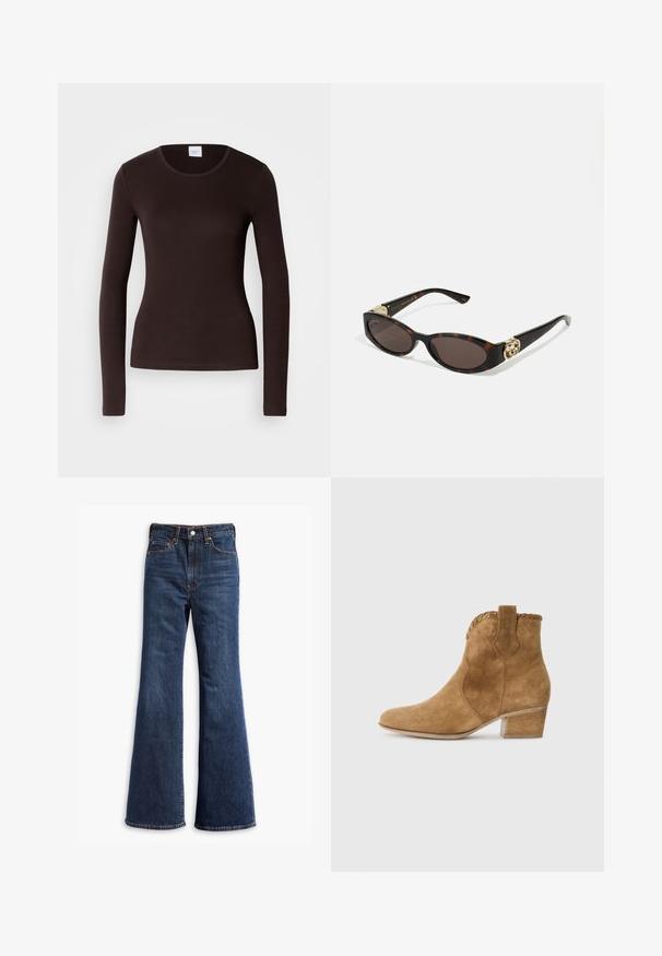 Smešani smeđi suknjeni kaput s ovratnikom, prednjim gumbima, dva bočna džepa i skraćenim dizajnom. Glatka tekstura i strukturirani oblik.; Dugih rukava, majica s okruglim izrezom u tamnosmeđoj boji, izrađena od jerseya. Ima uski kroj s glatkom teksturom i minimalnim detaljima šivanja.; Traperice tamnoplave boje s visokim strukom, širokim nogavicama, prednjim kopčanjem na dugme i patentni zatvarač, te dizajnom s pet džepova.; Svijetlo smeđe antilop čizme do gležnja s šiljastim nosom, teksturiranim obrubom oko izreza i blok petom. Ima vučni trak za lakše obuvanje.; Suncane naočale od kornjačevine s izduženim ovalnim lećama, smešnim nijansama, zlatnim logotipom na drškama i elegantnim crnim krakovima.; Smeđa torba od umjetne sued kože s dva čvrsta ručka, strukturiranim oblikom i minimalističkim dizajnom, s diskretnim akcentima šivanja.
