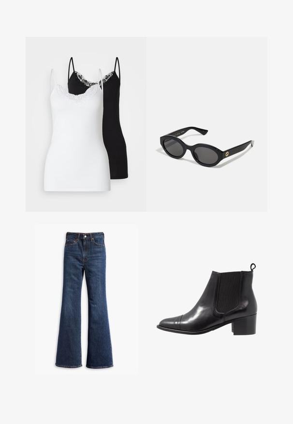 Brūns zamšs mētelis ar apkakli, priekšējo pogu aizdari, divām sānu kabatām un īsu dizainu. Gluda tekstūra un strukturēta forma.; Divas divu sieviešu kamzolus: viens balts ar mežģīņu apdari, otrs melns ar mežģīņu akcentiem, abi ar plānām regulējamām siksnām.; Augstas jostas tumši zili džinsi ar zvīņveida kājām, priekšējo pogu un rāvējslēdzēju, kā arī piecu kabatu dizainu.; Melna ādas potīšu zābaku ar elastīgām sānu paneļiem, noapaļu purngalu un teksturētu bloku papēdi. Aiz kājām ir cilpa, kas atvieglo uzvilkšanu.; Melnas ovālās saulesbrilles ar tumšiem stikliem un spīdīgu plastmasas rāmi. Iezīmētas ar zelta logo uz tempļa, nodrošinot elegantu un modernu dizainu.; Rūdas mākslīgā zamšādas plecu soma ar diviem izturīgiem rokturiem, strukturētu formu un minimālistisku dizainu, ar diskretām šuvju akcentiem.