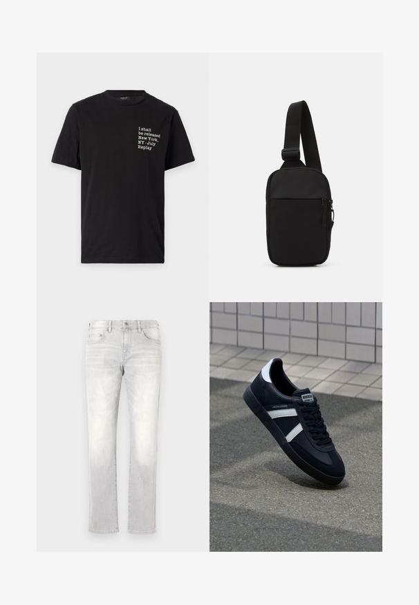 Sort skræddersyet blazer med slagkrave, enkelt knaplukning og strukturerede detaljer. Har to frontlommer og en struktureret silhuet.; Grå langærmet skjorte i blødt stof, med rund halsudskæring og trykknapdetaljer langs skulderen for ekstra pynt.; Sort bomulds T-shirt med hvid tekst: "Jeg skal frigives New York, NY - Juli Replay," rund halsudskæring, korte ærmer.; Lys grå denim jeans med lige ben, subtile falmninger, forlommer og en enkelt baglomme. Klassisk knap- og lynlås-lukning.; Sort lædersneaker med hvide striber, tekstureret gummisål og snørrebånd foran. Har et brandet mærke på tungen.; Sort crossbody taske lavet af slidstærkt stof, med en enkelt justerbar rem, en lynlåset hovedrum og en frontlomme.
