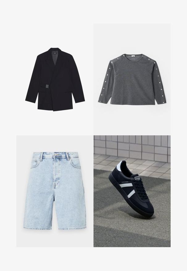 Črn natančno krojen blejzer z izrezanim ovratnikom, enojnim gumbom in teksturiranimi detajli. Ima dve sprednji žepki in strukturirano silhueto.; Siva dolgi rokav majica iz mehkega materiala, s krožnim izrezom in gumbi ob rami za dodaten detajl.; Svetlo modri jeans kratke hlače z sproščenim fitom, z zadrgo, petimi žepi in kontrastnim šivom ob šivih.; Črne usnjene superge z belimi črtami, teksturiran gumijast podplat in zavezovanje spredaj. Imajo označeno oznako na ježku.