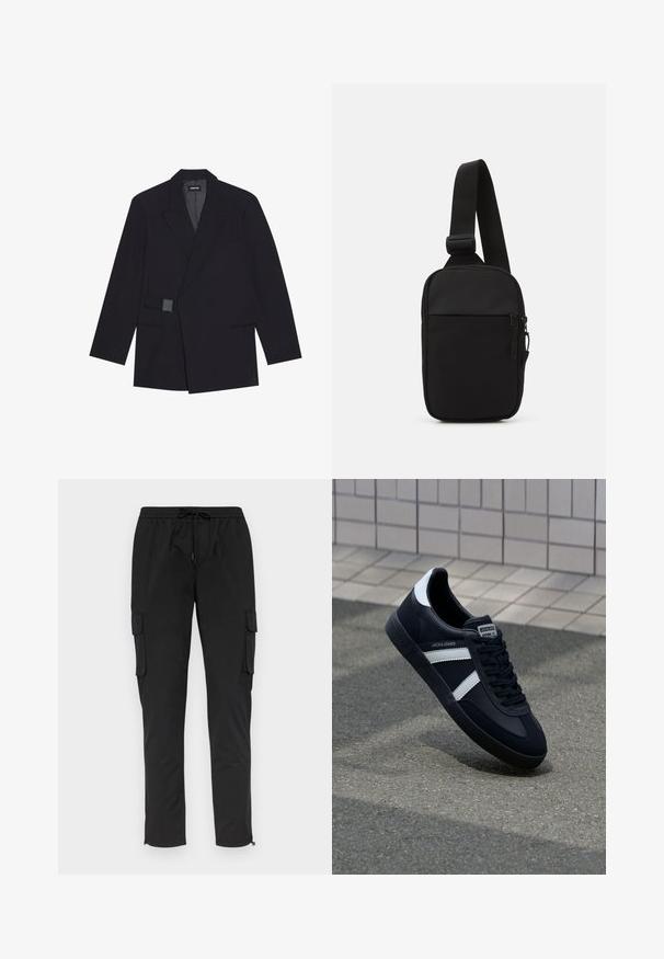 Blazer negro entallado con solapa de muesca, cierre de un solo botón y acentos texturizados. Presenta dos bolsillos frontales y una silueta estructurada.; Camisa de manga larga gris de tejido suave, con cuello redondo y detalles de botones a presión en el hombro para un toque adicional.; Pantalones cargo negros con cintura elástica y cordón, con bolsillos laterales y puños con cremallera, fabricados en un tejido ligero.; Zapatilla de cuero negra con rayas blancas, suela de goma texturizada y parte frontal con cordones. Cuenta con una etiqueta de marca en la lengüeta.; Bolso cruzado negro fabricado en tejido duradero, con una sola correa ajustable, un compartimento principal con cremallera y un bolsillo delantero.