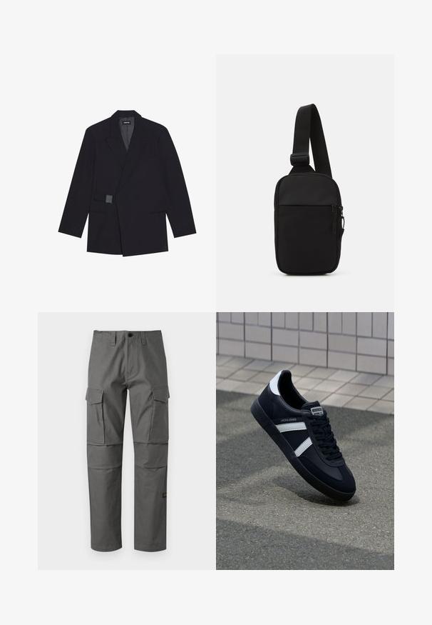 Black tailored blazer with a notched lapel, single button closure, and textured accents. Features two front pockets and a structured silhouette.; Gray long-sleeve shirt in soft fabric, featuring round neckline and snap button accents along the shoulder for added detail.; Gray cargo pants made of durable fabric, featuring a straight leg design, multiple side pockets, and visible stitching details.; Black leather sneaker with white stripes, textured rubber sole, and lace-up front. Features a branded label on the tongue.; Black crossbody bag made of durable fabric, featuring a single adjustable strap, a zippered main compartment, and a front pocket.