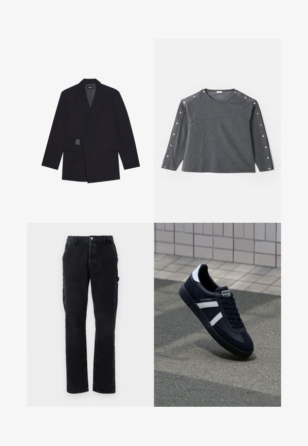 Veste noire ajustée avec un col cranté, fermeture à un bouton et accents texturés. Comprend deux poches avant et une silhouette structurée.; Chemise grise à manches longues en tissu doux, avec un col rond et des accents de bouton-pression le long de l'épaule pour un détail supplémentaire.; Pantalons cargo en denim noir avec jambes droites, fermeture à bouton à l'avant et poches latérales. Le tissu a une finition légèrement texturée.; Sneaker en cuir noir avec des rayures blanches, semelle en caoutchouc texturée et devant à lacets. Présente une étiquette de marque sur la languette.