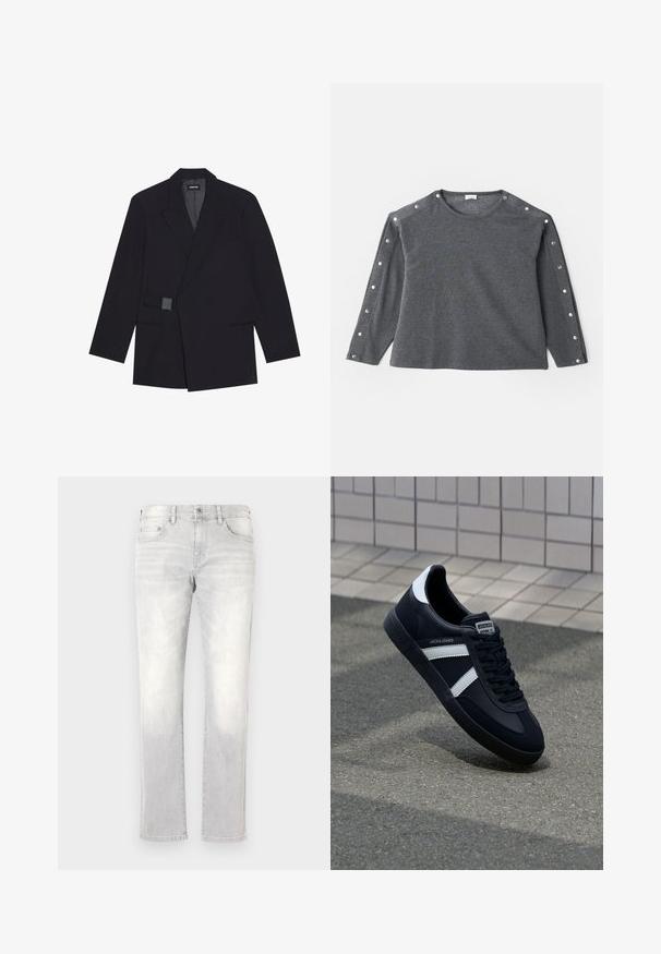Fekete, szabott blézer, kivágott hajtókával, egysoros gombolással és textúrázott részletekkel. Két elülső zsebbel és strukturált sziluettel rendelkezik.; Szürke, hosszú ujjú póló, puha anyagból készült, kerek nyakkivágással és préselt gomb díszítéssel a vállon, ami plusz részletet ad a megjelenésnek.; Világosszürke farmernadrág egyenes fazonnal, enyhe kopással, elülső zsebekkel és egy hátsó zsebbel. Klasszikus gombos és cipzáras záródás.; Fekete bőr sportcipő fehér csíkokkal, textúrált gumitalppal és fűzős elejével. A nyelvén márkás címke található.