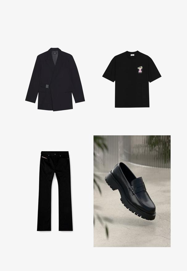 Črn natančno krojen blejzer z izrezanim ovratnikom, enojnim gumbom in teksturiranimi detajli. Ima dve sprednji žepki in strukturirano silhueto.; Črna bombažna majica s kratkimi rokavi in krožnim izrezom, ki ima na levi strani prsnega dela pisano grafiko, ki prikazuje medvedka in stilizirano besedilo.; Črne hlače ravnega kroja z gumbom in zadrgo spredaj, s sprednjimi in zadnjimi žepi ter belim oblačkom, ki je viden v desnem sprednjem žepu.; Črne usnjene loaferje z debelim podplatom, ki imajo dekorativno zanko in detajl šivanja. Gladka tekstura z sijočo obdelavo.