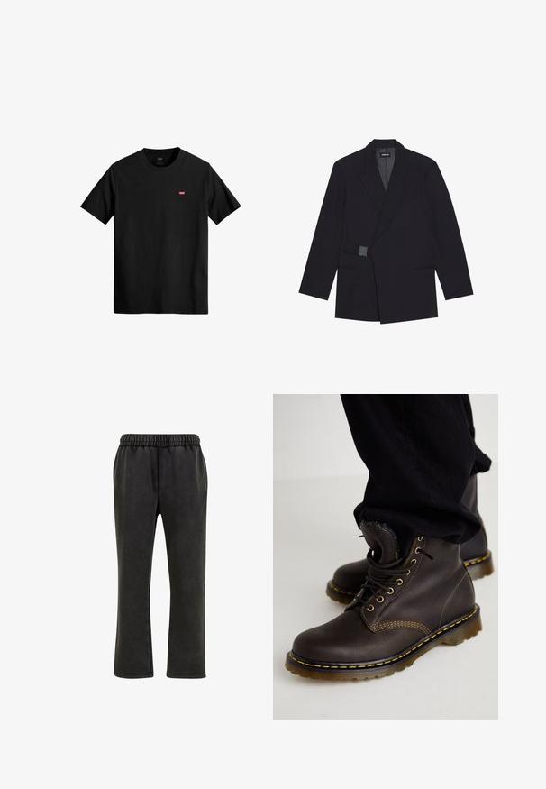 Schwarzer maßgeschneiderter Blazer mit reveriertem Kragen, Einknopfverschluss und strukturierten Akzenten. Verfügt über zwei Fronttaschen und eine strukturierte Silhouette.; Schwarzes Baumwoll-T-Shirt mit Rundhalsausschnitt, kurzen Ärmeln und einem kleinen roten Levi's-Logo auf der linken Brust. Leicht und im einfachen Design.; Urban Classics VINTAGE HEAVY - Jogginghose - magnet; Braune Lederstiefel mit gelben Nähten, Schnürdesign, strukturiertem Finish, gepolstertem Kragen und durchsichtiger Gummisohle.