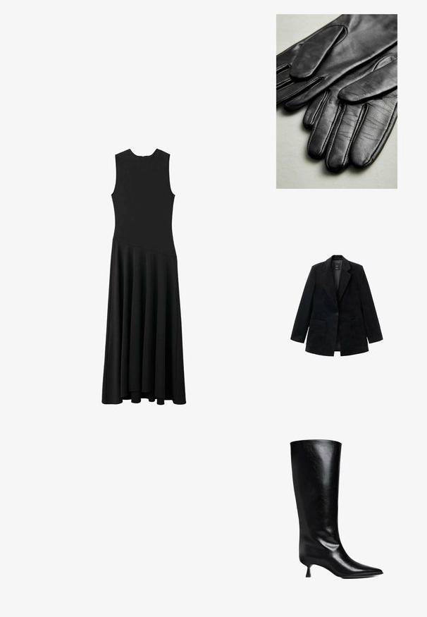 Blazer in velluto a coste nero con chiusura a un bottone, revers a punta e due tasche frontali. Presenta una fodera interna liscia.; Abito maxi senza maniche nero con busto aderente e gonna svasata, caratterizzato da una texture liscia e un design minimalista, senza chiusure visibili.; Stivale nero in pelle, alto fino al ginocchio, con punta affusolata, silhouette slim e tacco basso a blocco, con una finitura lucida.; Borsa rettangolare beige con una texture liscia, una tracolla in catena argentata e una chiusura a zip nella parte superiore. Design semplice e minimalista.; Guanti in pelle nera con texture liscia, dotati di cuciture lungo le dita e un design aderente. Materiale morbido e flessibile per il massimo comfort.