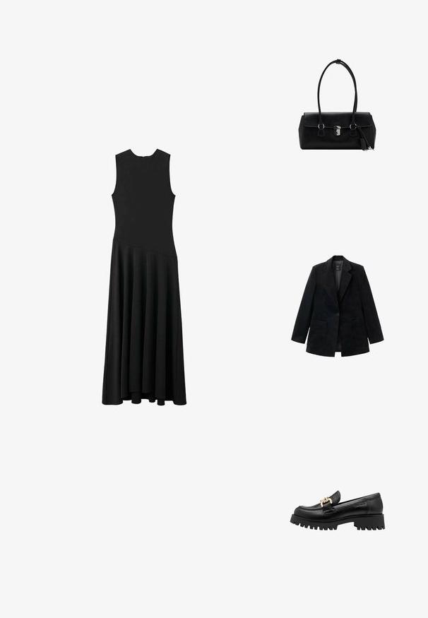 Čierny kordový blazer s jedným gombíkom, klopovými chlopňami a dvoma prednými vreckami. Má hladkú vnútornú podšívku.; Čierne bezrukávové maxi šaty s priliehavým živôtikom a rozšírenou sukňou, s hladkou textúrou a minimalistickým dizajnom, bez viditeľného zapínania.; Čierne kožené poltopánky s robustnou gumovou podrážkou, ktoré majú dekoratívny zlatý reťazec na prednej strane. Hladký povrch s okrúhlou špičkou.; Čierna kožená kabelka s hladkou textúrou, štruktúrovaným dizajnom, dvojitými uchami a strieborným detailom na zapínaní v strede.