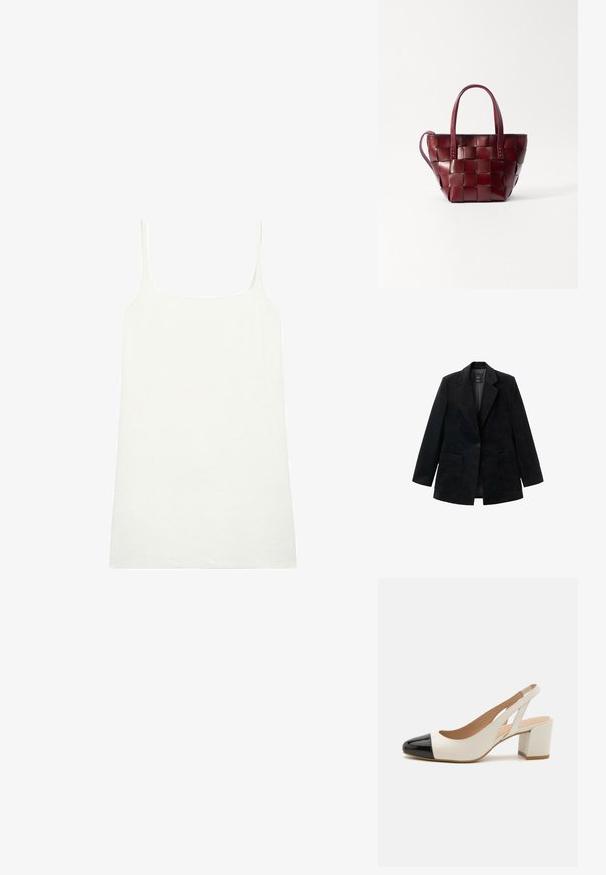 Sort fløjlsblazer med en enkelt knaplukning, hakkede revers og to forlommer. Har en glat inderside.; Hvid, ærmeløs tanktop med tynde stropper, lavet af blødt stof. Lige snit med firkantet udskæring, der har en glat, ensartet tekstur.; Hvid lædersandal med sort patentlæderspids. Har en blokhæl og udskæringsdesign på siderne.; Vevet bordeaux læder tote taske med to korte håndtag og en aftagelig skulderrem. Har en struktureret form og en glat overflade.