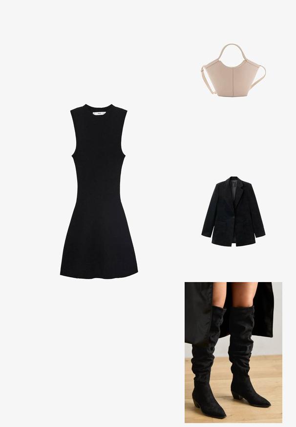 Zwarte corduroy blazer met een enkele knoopsluiting, notch-revers en twee voorkezen. Voorzien van een zachte binnenvoering.; Zwarte mouwloze gebreide jurk met een getailleerde top en een uitlopende rok. De stof lijkt glad met een subtiele geribbelde textuur.; Zwarte slouchy kniehooglaarzen van suede, met een spitse neus en een chunky hak, zichtbaar stikken en een slanke silhouette.; Beige leren handtas met een unieke vorm, voorzien van twee korte handvatten en een lange verstelbare schouderriem. Glad oppervlak met minimale hardware.