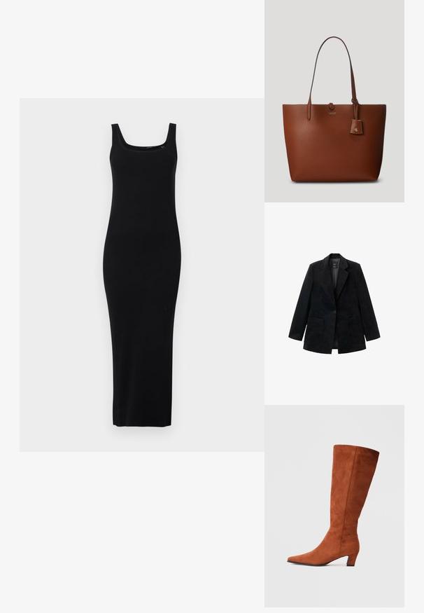 Crni kordura blejzer s jednim dugmetom, rebrastim reverima i dva prednja džepa. Ima glatku unutrašnju podstavu.; Crna uska maksi haljina izrađena od rebrastog pletenog materijala, s kvadratnim izrezom i širokim naramenicama, glatke teksture na dodir.; Smeđi nubuk čizme do koljena s šiljastim nosom i malim blok-petom, s glatkom teksturom i minimalističkim dizajnom.; Tote torba od smeđe kože sa šljokicama, s dva ručka, malom pričvršćenom oznakom i suptilnim logotipom sprijeda. Glatka tekstura s strukturiranim oblikom.