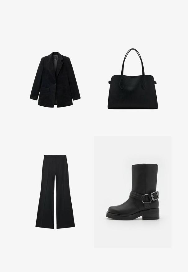 Schwarzes Cordblazer mit einem einzigen Knopfverschluss, Reverskragen und zwei vorderen Taschen. Verfügt über ein glattes Innenfutter.; Dunkelgrauer, kurz geschnittener Pullover mit langen Ärmeln, einem runden Ausschnitt und einer strukturierten Oberfläche. Schlichte Gestaltung ohne Muster oder Verzierungen.; Schwarze weit geschnittene Hose mit glatter Textur, ausgestattet mit Frontfalten und einem taillierten Design. Der Stoff ist leicht und fließend.; Schwarze Lederstiefelette mit runder Zehenpartie, dickem Absatz und einem dekorativen Riemen mit Schnalle um den Knöchel. Strukturiertes Finish.; Schwarze Lederhandtasche mit zwei Schulterriemen, rechteckiger Form und minimalistischem Design auf weißem Hintergrund.