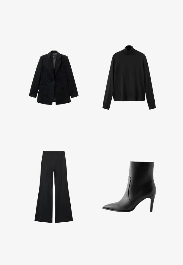 Blazer en velours côtelé noir avec fermeture à un bouton, revers crantés et deux poches avant. Il est doté d'une doublure intérieure lisse.; Pull à col roulé noir en tissu tricoté, avec manches longues, col ajusté et ourlet légèrement raccourci. Texture lisse, couleur unie.; Pantalons larges noirs avec une texture lisse, présentant des plis sur le devant et un design ajusté. Le tissu est léger et fluide.; Botte de cheville en cuir noir avec un bout pointu, texture lisse et un talon aiguille. Design minimaliste sans embellissements.