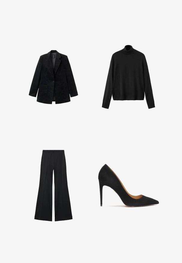 Černý kordový blazer s jedním knoflíkovým zapínáním, klopami a dvěma předními kapsami. Obsahuje hladkou podšívku.; Černý rolákový svetr z pleteného materiálu s dlouhými rukávy, přiléhavým límcem a mírně zkráceným lemem. Hladká textura, jednobarevný.; Černé kalhoty s širokými nohavicemi a hladkou texturou, s předními sklady a přizpůsobeným střihem. Materiál je lehký a splývavý.; Černé semišové lodičky na vysokém podpatku s špičatou špičkou, hladkou texturou a elegantní siluetou. Mají štíhlý stiletto podpatek a otevřené strany.