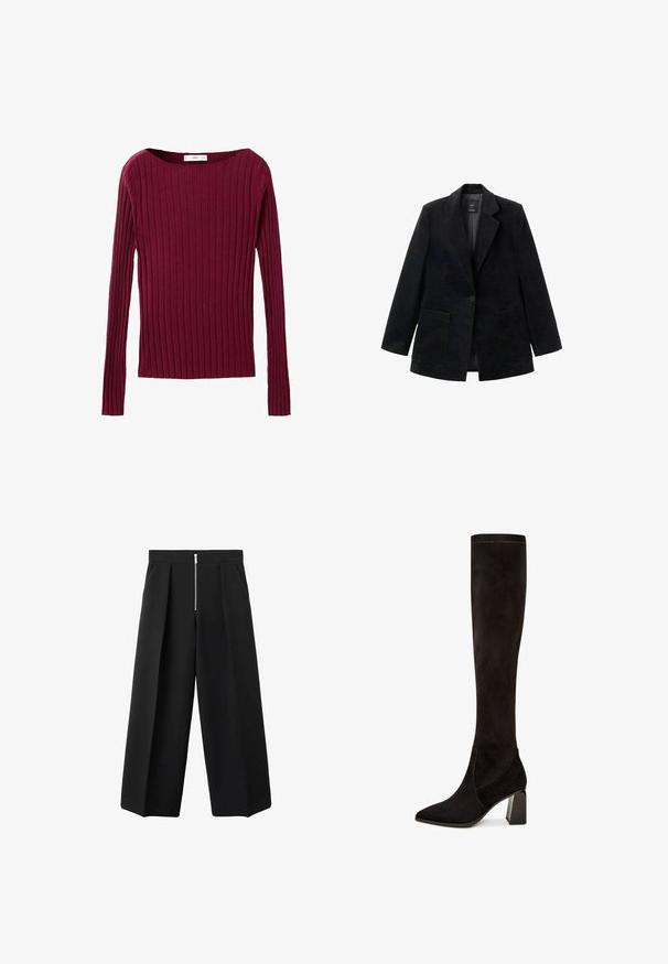 Blazer din catifea neagră cu închidere cu un singur buton, rever cu tăietură și două buzunare frontale. Are o căptușeală interioară netedă.; Top lung cu maneci lungi de culoare burgundy, cu un decolteu larg și o siluetă ajustată, realizat dintr-un material tricotat moale.; Pantaloni negri cu croi larg, cu pliseuri frontale și un sistem de închidere cu fermoar metalic vizibil la talie, față plată și buzunare laterale.; Cizme negre din suede, peste genunchi, cu vârf ascuțit, dotate cu un toc pătrat și o textură netedă. Designul include detalii minime de cusătură.