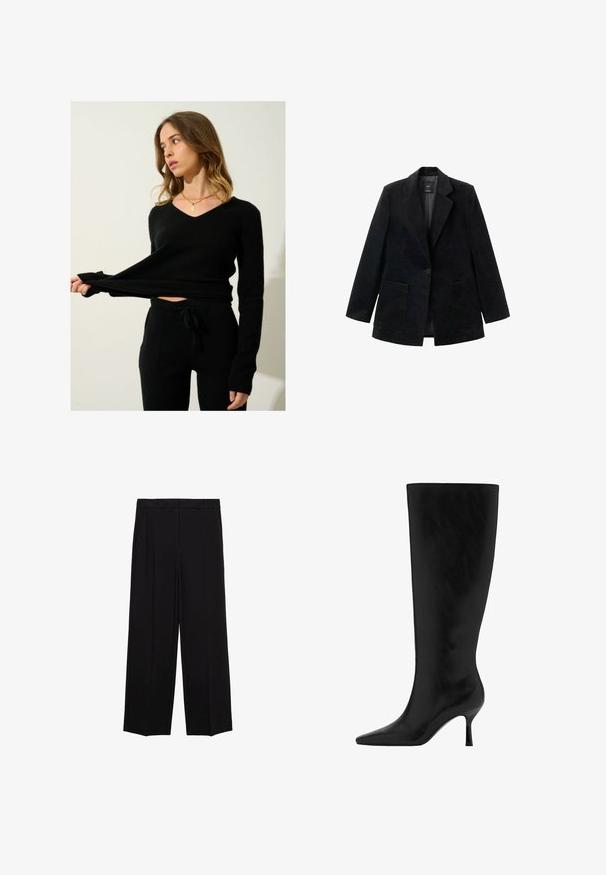 Schwarzes Cordblazer mit einem einzigen Knopfverschluss, Reverskragen und zwei vorderen Taschen. Verfügt über ein glattes Innenfutter.; Schwarzer Strickpullover mit V-Ausschnitt und langen Ärmeln, kombiniert mit passenden schwarzen Strickhosen mit einem Kordelzugbund und seitlichen Taschen.; Schwarze weit geschnittene Hosen aus glattem Stoff, mit Falten an der Vorderseite und seitlichen Taschen, entworfen in einem geraden, lässigen Schnitt.; Schwarze Leder-Stiefel in Kniehöhe mit spitzer Zehe und Stiletto-Absatz. Glatte Textur mit elegantem Design, ohne sichtbare Beschläge oder Verzierungen.