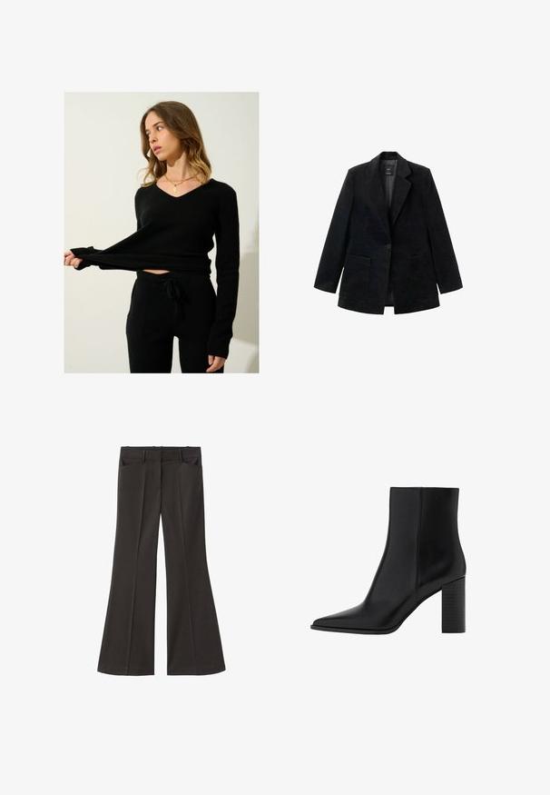 Musta corduroy-takki, jossa on yksinkertainen nappisuljin, viistosakset ja kaksi etutaskua. Sisältää sileän vuoren.; Mustapaita, jossa on V-pääntie ja pitkät hihat, yhdistettynä matching-mustiin neulottuihin housuihin, joissa on nauhavyötärö ja sivutaskut.; Mustat vyötäröltä korkealla loistavat housut; niissä on kaksi etutaskua ja sileä kangaspinta. Sopii eri tilaisuuksiin.; Mustat nahkakengät nilkkapituisilla, teräväkärkisillä, neliskanttisine kannallinen, sileä pinta ja ompeluyksityiskohtia saumoissa. Kannan korkeus on noin 3,5 tuumaa.