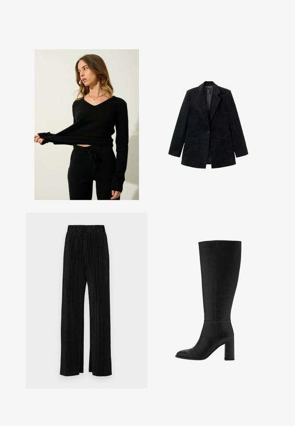 Černý kordový blazer s jedním knoflíkovým zapínáním, klopami a dvěma předními kapsami. Obsahuje hladkou podšívku.; Černý pletený svetr s výstřihem do V a dlouhými rukávy, kombinovaný s odpovídajícími černými pletenými kalhotami s šňůrkou v pase a bočními kapsami.; Černé plisované kalhoty s elastickým pasem. Mají široké nohavice a hladkou, strukturovanou tkaninu s vertikálními pruhy.; Černé kozačky až ke kolenům na podpatku vyrobené z hladké kůže. Mají zaoblenou špičku a robustní blokový podpatek s minimem švů.