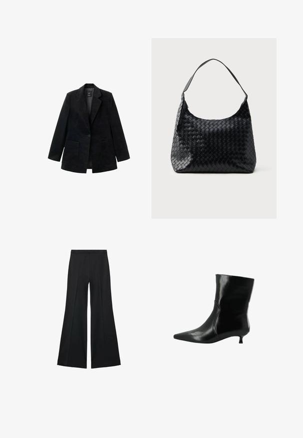 Blazer in velluto a coste nero con chiusura a un bottone, revers a punta e due tasche frontali. Presenta una fodera interna liscia.; Maglietta nera a maniche lunghe in tessuto morbido, con colletto classico, chiusura frontale con bottoni dorati e polsini ampi.; Pantaloni neri a gamba larga con una texture liscia, caratterizzati da pieghe frontali e un design sartoriale. Il tessuto è leggero e fluido.; Stivaletto in pelle nera con punta affilata e tacco basso a kitten, dettaglio della cucitura laterale e finitura lucida e liscia.; Borsa in pelle intrecciata nera con una sola tracolla, caratterizzata da una forma morbida e curvilinea e da una finitura lucida. Nessuna tasca esterna visibile.