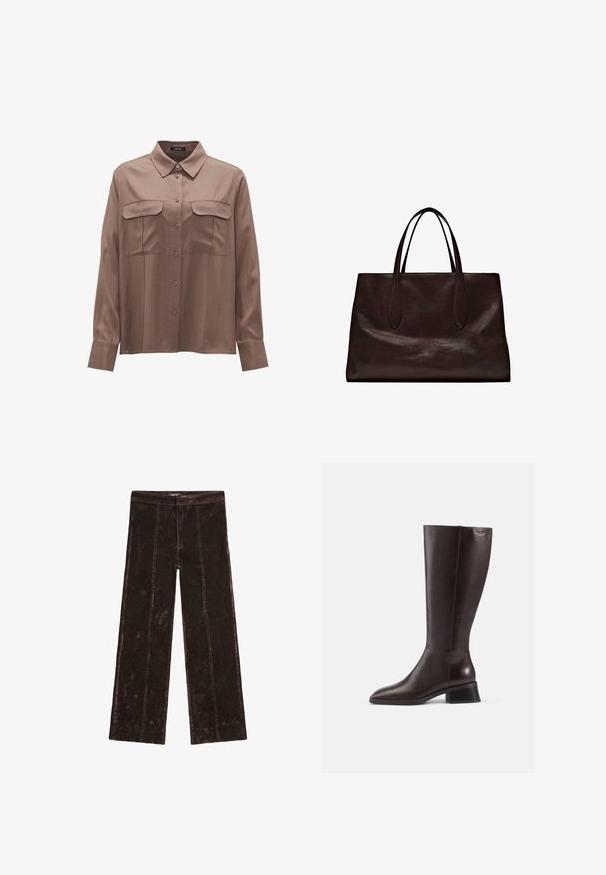 Black corduroy blazer with a single button closure, notched lapels, and two front pockets. Features a smooth inner lining.; Brown satin shirt with long sleeves, a collar, two chest pockets, and a button closure. Features a smooth texture and relaxed fit.; Wide-leg trousers in dark brown, featuring a suede-like texture, vertical stitching details, and an elastic waistband for comfort.; Knee-high brown leather boots with a smooth finish, rounded toe, and a stacked black heel. Simple design with minimal hardware details.; Massimo Dutti Handbag - brown; Brown leather gloves with a smooth texture, featuring five fingers, elastic wrist, and decorative stitching along the edge.